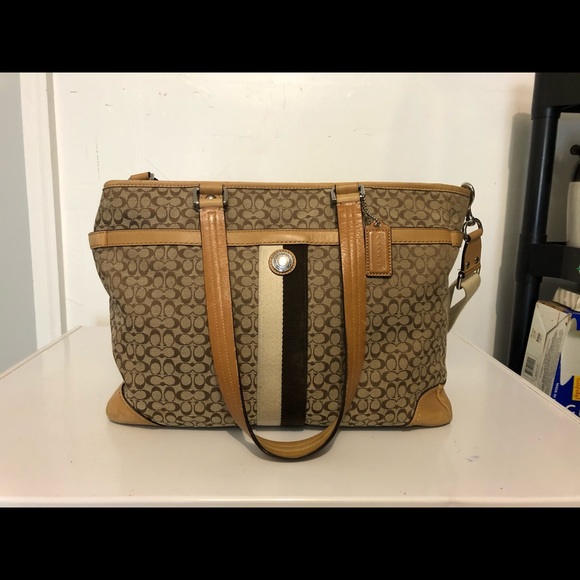 Coach Large Purse Tan/Brown Fabric Tote - Picture 1 of 10